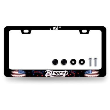 Imagem de Blessed American Flag License Plate Frame Cross US License Plate Holder Funny Stainless Steel Car Bracket 2 furos e parafusos Universal Auto Accessory License Plate Frames 16,2 x 12,2 polegadas