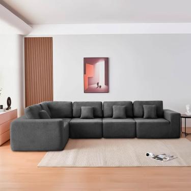 Imagem de Kit Sofá Modular 5 Lugares Moderno Curvo Orgânico Adapt Linho - Amarena Móveis Cinza Escuro