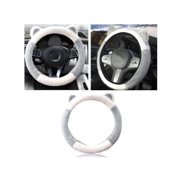 Imagem de Couslcd Capa de volante de carro, bonito protetor de volante com orelhas de gatinho, pelúcia macia e fofa para aquecer o inverno, ajuste universal de 38 cm para carro, SUV, elástico e antiderrapante