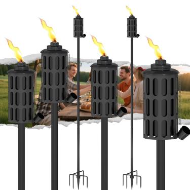 Imagem de 6 maçaricos de citronela para exterior, tochas de jardim de metal externo de 473 g, tochas de decoração de jardim de 152 cm com estaca aterrada de 5 pinos, luz de chama para caminho de pátio de