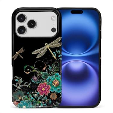 Imagem de FKBRCL4U Capa para iPhone 17 Pro, capa protetora híbrida de silicone fosco de 2 camadas para meninas e mulheres para iPhone 17 Pro Libélula Flor Planta Padrão Vibrante