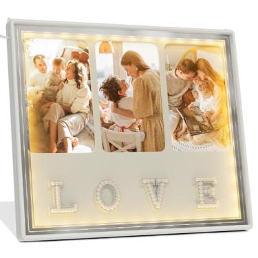 Imagem de QPQIYIY Moldura de colagem de casamento exibe 3 peças de 10 x 15 cm com tapete, moldura de casamento personalizada, feita de vidro temperado, luminosa, USB, porta-fotos, presentes de casamento para