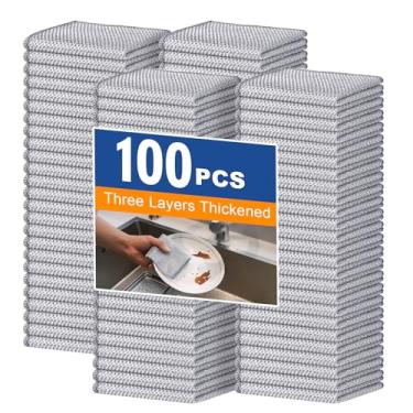 Imagem de 100 pares de pano de lavar louça multiuso com 3 camadas de fio de aço espesso – Pano de limpeza de metal antiarranhões para superfícies molhadas e secas, esfregão de cozinha reutilizável de longa