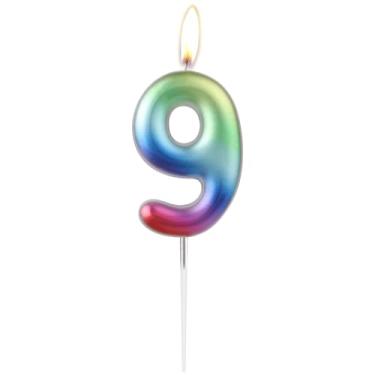 Imagem de Vela de aniversário número 9, decoração de bolo arco-íris gradiente, velas arco-íris de 9º aniversário para meninas, meninos, número de velas, topo de bolo, aniversário, casamento, tema doce, artigos