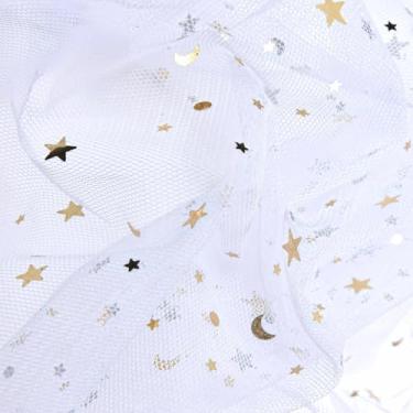 Imagem de Tecido de tule estrela cintilante 1 m x 1,5 m, malha de poliéster branco com lantejoulas cintilantes, pronto para casamento e fotografia