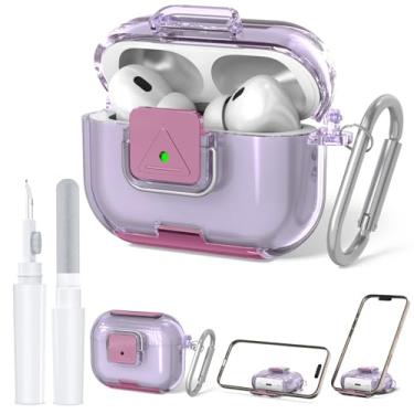 Imagem de Capa de bloqueio seguro para AirPods Pro 2 com suporte de telefone, capa protetora QINZAC macia e transparente TPU à prova de choque para Airpods Pro 2ª/1ª geração, acessórios com caneta de limpeza e