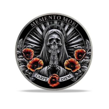 Imagem de RYUKENLM Memento Mori & Memento Vivere Coin Grim Reaper Skull Challenge Coin Life & Death Token Poppy Flowers & Tree of Life Design Inspirational Daily Stoic Practice Gift