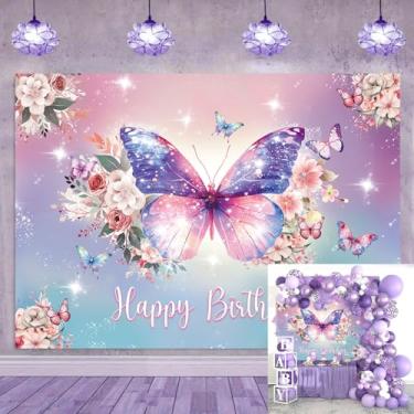 Imagem de Pano de fundo borboleta feliz aniversário roxo borboleta floral fotografia banner para meninas mulheres decoração de festa de aniversário decoração de bolo mesa de fotos adereços (20 x 1,8 m)