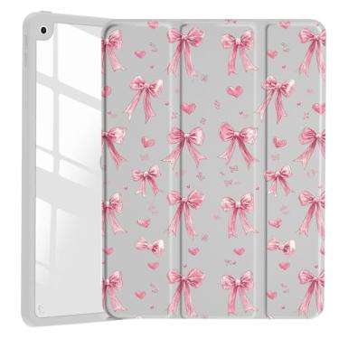Imagem de JOYLAND Capa com laço rosa de desenho animado para iPad 7ª/8ª/9ª geração, capa cinza de acrílico transparente transparente com suporte para lápis, suporte de três dobras, capa para tablet para iPad de