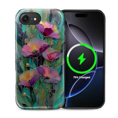 Imagem de Kapadiy Capa magnética para iPhone 16e, compatível com MagSafe Magnolia Blossom design de vitral híbrida dupla proteção de silicone + PC rígido à prova de choque, capa de corpo inteiro para homens e