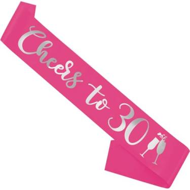 Imagem de Faixa de aniversário rosa, "Cheers To 76.2 cm, faixa de aniversário para meninas, mulheres e homens com letras prateadas para lembrancinhas de festa engraçadas, suprimentos 30 rosa prata