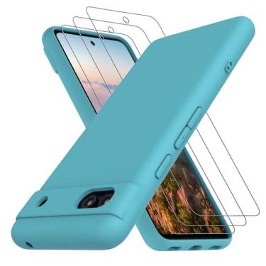 Imagem de Neseovge Capa de telefone para Google Pixel 7A com 3 películas de vidro temperado, TPU de silicone líquido macio com forro de microfibra, capa protetora de corpo inteiro para Google Pixel 7A, azul