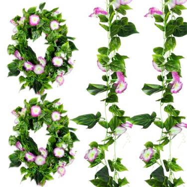 Imagem de Fyntave 2 peças de vinhas de flores de petúnias artificiais de 2,5 m para decoração de plantas penduradas, guirlandas, glórias de plantas verdes falsas para decoração de casa, cerca de parede, escada