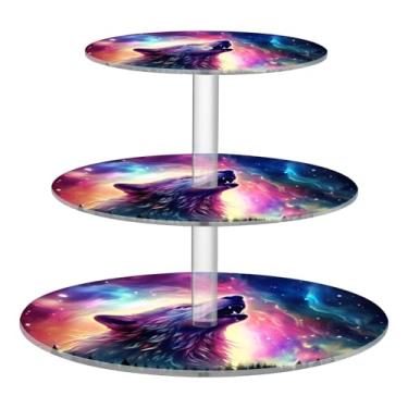 Imagem de Blueangle Suporte redondo de cupcake de 3 camadas – Torre de sobremesa de acrílico Aurora Boreal Lobo, suporte de sobremesa em camadas antiderrapante para chá de bebê, aniversário, festa de casamento