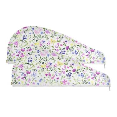 Imagem de SEHANY Toalha de cabelo de microfibra de flores coloridas elegantes para mulheres, 2 peças, turbantes de cabelo de secagem rápida com botão, touca de cabelo seco absorvente toalha de secagem de cabelo