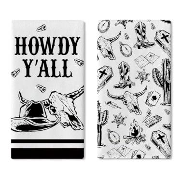 Imagem de Croar Howdy Y'All Western Cowboy Conjunto de 2 panos de prato de cozinha, chapéu de caveira de touro preto branco bota cacto secagem toalha de mão pano de cozimento, rústico país banheiro decoração de