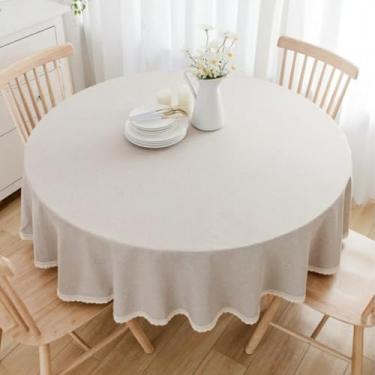 Imagem de Wuluwala Toalha de mesa redonda de tecido decorativo de cor sólida de 122 cm, toalha de mesa de linho de algodão com acabamento em renda, resistente a manchas, capa de mesa de jantar para cozinha