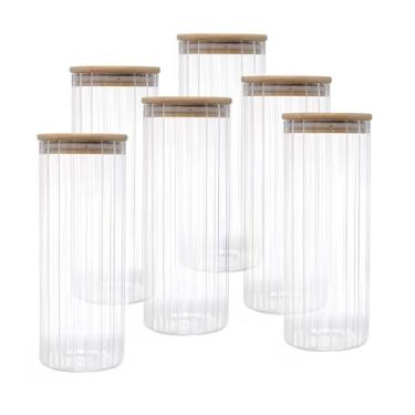 Imagem de Kit 6 Pote Porta Mantimento Vidro Canelado tampa de Bambu 1L - Casa Ra