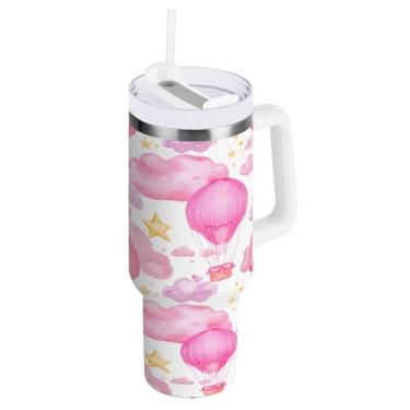 Imagem de Kigai Copo de 850 g com alça, balões de ar quente isolados com tampa e canudo, garrafa de água esportiva de metal grande, caneca de café de viagem de aço inoxidável