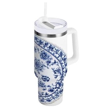 Imagem de Wassud Copo floral de porcelana azul e branco com alça e tampa de canudo copo isolado garrafa de água de aço inoxidável à prova de vazamento caneca de viagem presentes para mulheres 1,134 g