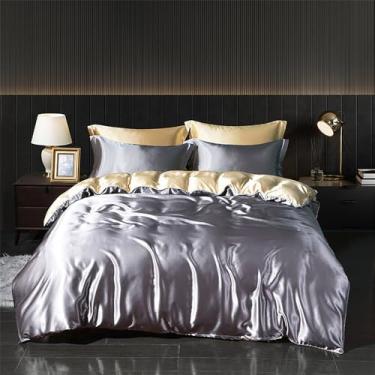 Imagem de XLCZMYL Conjunto de capa de edredom de cetim 3 peças Queen Black Series Rich Silk Silky Soft Solid Sexy Lua de Mel sem rugas, camelo cinza prateado, lençol com elástico de 1,5 m 200 x 230 cm