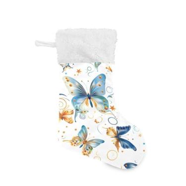 Imagem de Wassud Meia fofa de Natal com punho branco borboletas coloridas com redemoinhos 45,7 cm grande para decoração de lareira e cornija de lareira pacote com 2