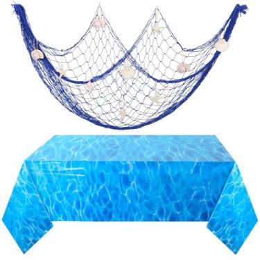 Imagem de Breling Conjunto de toalha de mesa decorativa com 18 peças de rede de pesca com conchas do mar e ondas do oceano, rede de pesca de algodão, concha de estrela do mar para decoração de parede de festa