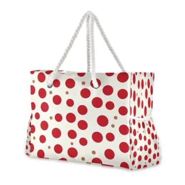 Imagem de Wassud Bolsa de praia grande com bolinhas vermelhas para mulheres, impermeável, à prova de areia, bolsa de viagem com zíper e bolso para piscina, academia, acampamento