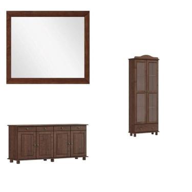 Imagem de Kit 2 Peças Armário 2 Portas, Balcão 4 Portas C/Gavetas e Espelho 100% Madeira Maciça - Linha Rubi Café