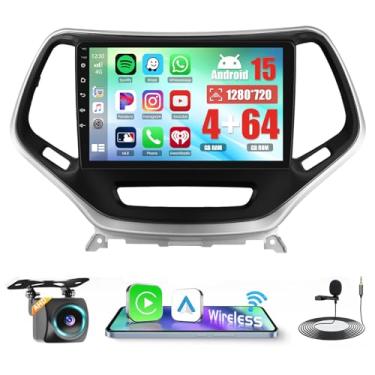 Imagem de [4 + 64 G] Rádio veicular Android 15 para Jeep Cherokee 2013-2018 sem fio CarPlay Android Auto, tela sensível ao toque IPS de 10,1 polegadas, som automotivo com WiFi, GPS, Bluetooth, 5.0 FM/RDS 32EQ