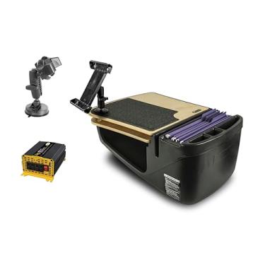 Imagem de AutoExec Mesa de carro GripMaster para sua estação de trabalho de veículo e escritório móvel, bétula, com inversor de potência de 400 watts, suporte para tablet e suporte de sucção para telefone