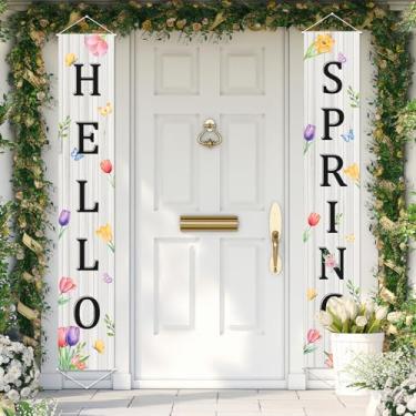 Imagem de Hello Spring Decorations, placa de banner de parede vintage de primavera, decorações de faixa floral colorida para porta da frente, varanda, parede, quintal, suprimentos de festa, decoração interna e