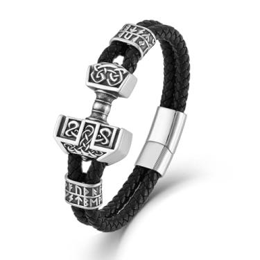 Imagem de Wisbal Pulseira masculina de couro Viking de aço inoxidável, pulseira de martelo de Thor, joia para ele, 8.3", Sem Pedra Preciosa