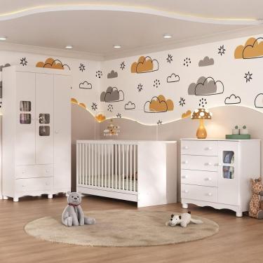 Imagem de Quarto De Bebê Completo Com Berço 3 Em 1 Para Colchão 130x60cm Luna Multimóveis MP4528 Branco