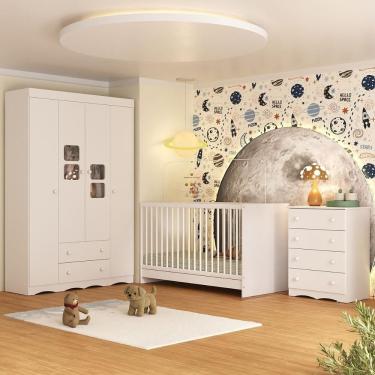 Imagem de Quarto De Bebê Completo Com Berço 3 Em 1 Para Colchão 130x60cm Serena Multimóveis MP4523 Branco