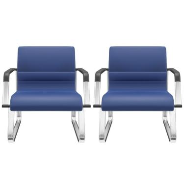 Imagem de Kit 02 Cadeiras De Escritório Recepção Fixa Pés Cromado Lev P03 Vinil Azul - Lyam Decor