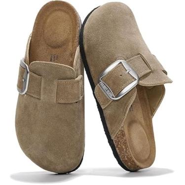 Imagem de Project Cloud Tamancos de couro genuíno para mulheres - Palmilha de espuma viscoelástica, antiderrapante e de cortiça natural, suporte de arco, tamancos e mules femininos com fivela grande (Manchester