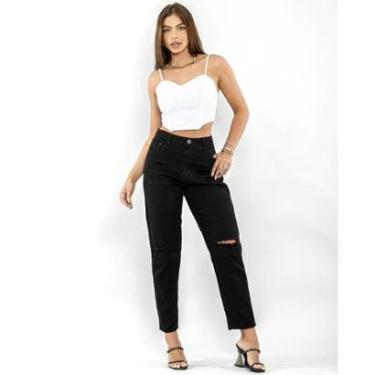 Imagem de CALÇA SARJA FEMININA MOM CINTURA ALTA PRETA COM RASGOS-Feminino