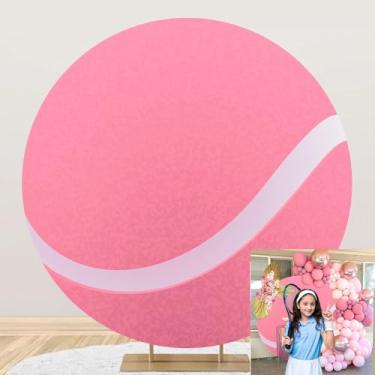Imagem de OERJU Capa de fundo redonda de tênis, rosa, bola de tênis, cenário esportivo, decoração de festa de aniversário, chá de bebê, fundo circular, capa de arco para fãs e atletas, 2,2 m