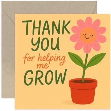 Imagem de Cartão Thank You For Helping Me To Grow para Teacher Tutor Mentor Coach, Flor divertida em vaso - quadrado, em branco por dentro com envelope premium