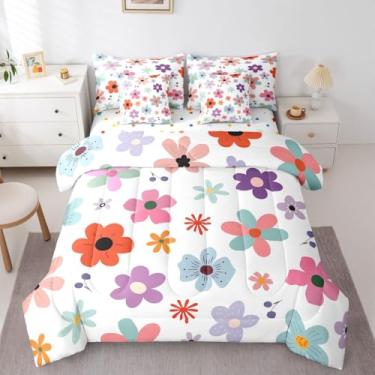 Imagem de jejeloiu Conjunto de edredom floral com 7 peças, tamanho casal, para crianças, meninos, meninas, fazenda, jardim, cama, decoração de quarto, colorido, macio e leve de microfibra