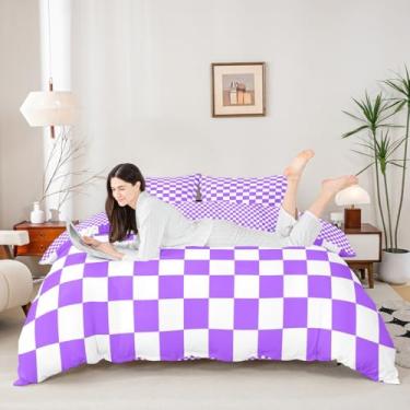 Imagem de Manfei Conjunto de capa de edredom quadriculada de lavanda, tamanho Queen, jogo de cama quadriculado geométrico reversível, 3 peças, decoração de quarto de crianças, meninos e meninas, capa de colcha