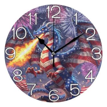 Imagem de GAIGEO Relógio de parede analógico decorativo sala de aula relógio de escritório operado por bateria silencioso, arte de parede boho, decoração de casa, dragão de 4 de julho, 25 cm, ponteiros pretos