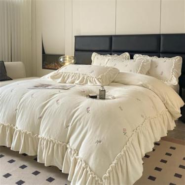 Imagem de Conjunto de cama vintage leve, capa de edredom em veludo macio cor leite com bordado de rosas, lençol de inverno em fleece coral, bege, tamanho queen (200x230cm), 4 peças.