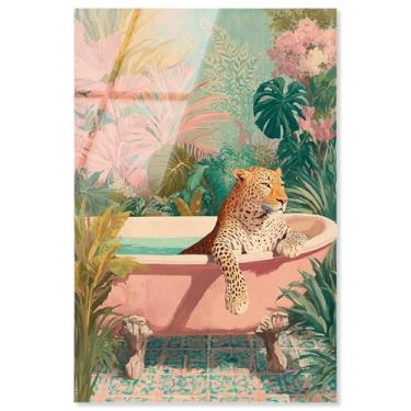 Imagem de Cheetah Tropical Bathroom Vibes Impressão acrílica arte de parede de banheiro por Art Remedy, pronto para pendurar, 25 x 38 cm