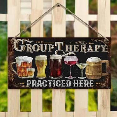Imagem de Placa de pendurar de 10 x 20 cm - Placa de bar com terapia de grupo praticada aqui, decoração rústica de casa de fazenda para cerca, varanda, jardim (casa vintage e design floral)