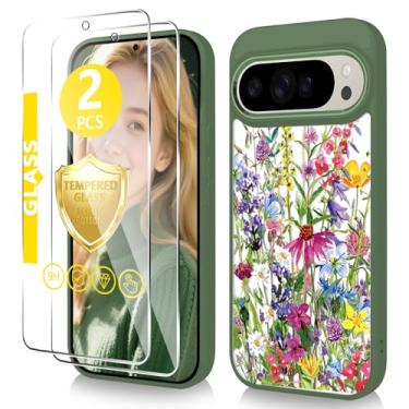 Imagem de Govmeie Capa para Google Pixel 9 Pro XL com protetor de tela de vidro temperado fino TPU e capa de telefone de policarbonato rígido, design de padrão floral cristalino para meninas e mulheres - flor
