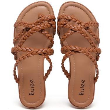Imagem de Ruiee Sandálias planas de largura larga para mulheres, verão casual trançado pés largos chinelos confortáveis chinelos de dedo aberto praia tanga feminina sandálias., Marrom PU 780, 10.5 X-Wide