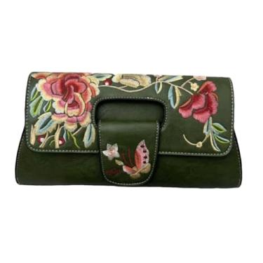 Imagem de IAMUHI Bolsa feminina vintage bordada para noite bolsa de mão de couro sintético com aba pequena bolsa bolsa de ombro, Verde A, One Size