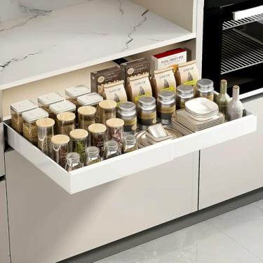 Imagem de Organizador de armário removível, expansível (30,5 cm - 50,8 cm) Gavetas deslizantes resistentes fixas com nano filme adesivo para panelas, prateleira de armazenamento para organização de armário de